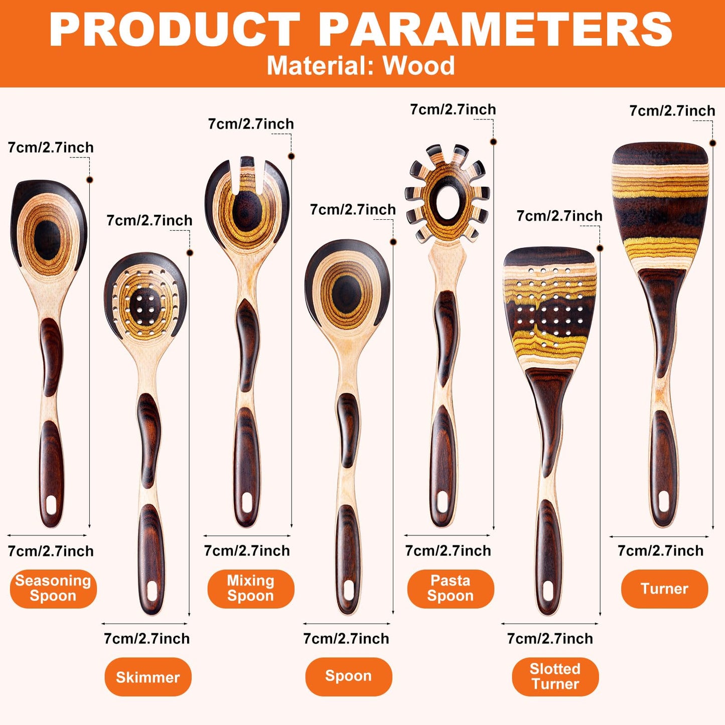 NAYAHOSE Kitchen Utensils Set for Cooking, 7 Pcs Pakkawood Wooden Cooking Spoons & Spatulas with Spoon Rest, Safe for Non-Stick Cookware, Housewarming Kitchen Gift (Brown Spoon-7pcs)