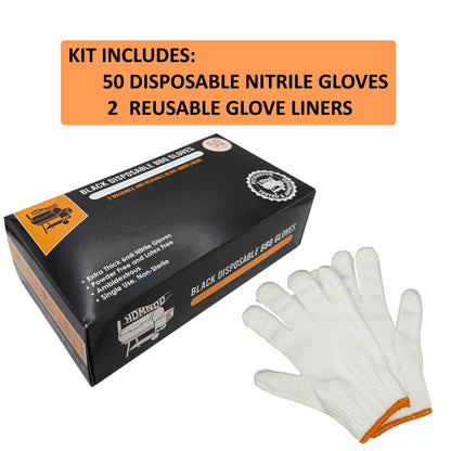HDMNDD Black Disposable BBQ Gloves Kit - 50 Heavy Duty Full Textured Grip and 2 Heat Resistant Reusable Glove Liners for BBQ, Grilling, Meat Gloves for Pulling Meat