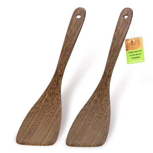 Ecavria 2PCS Wooden Spatula, 12.8IN Wooden Flat Frying Spatulas, Long Handle Wood Turner for Non-Stick Cookware, Natural Wood Cooking Utensils, Healthy, Sturdy & Heat-Resistant