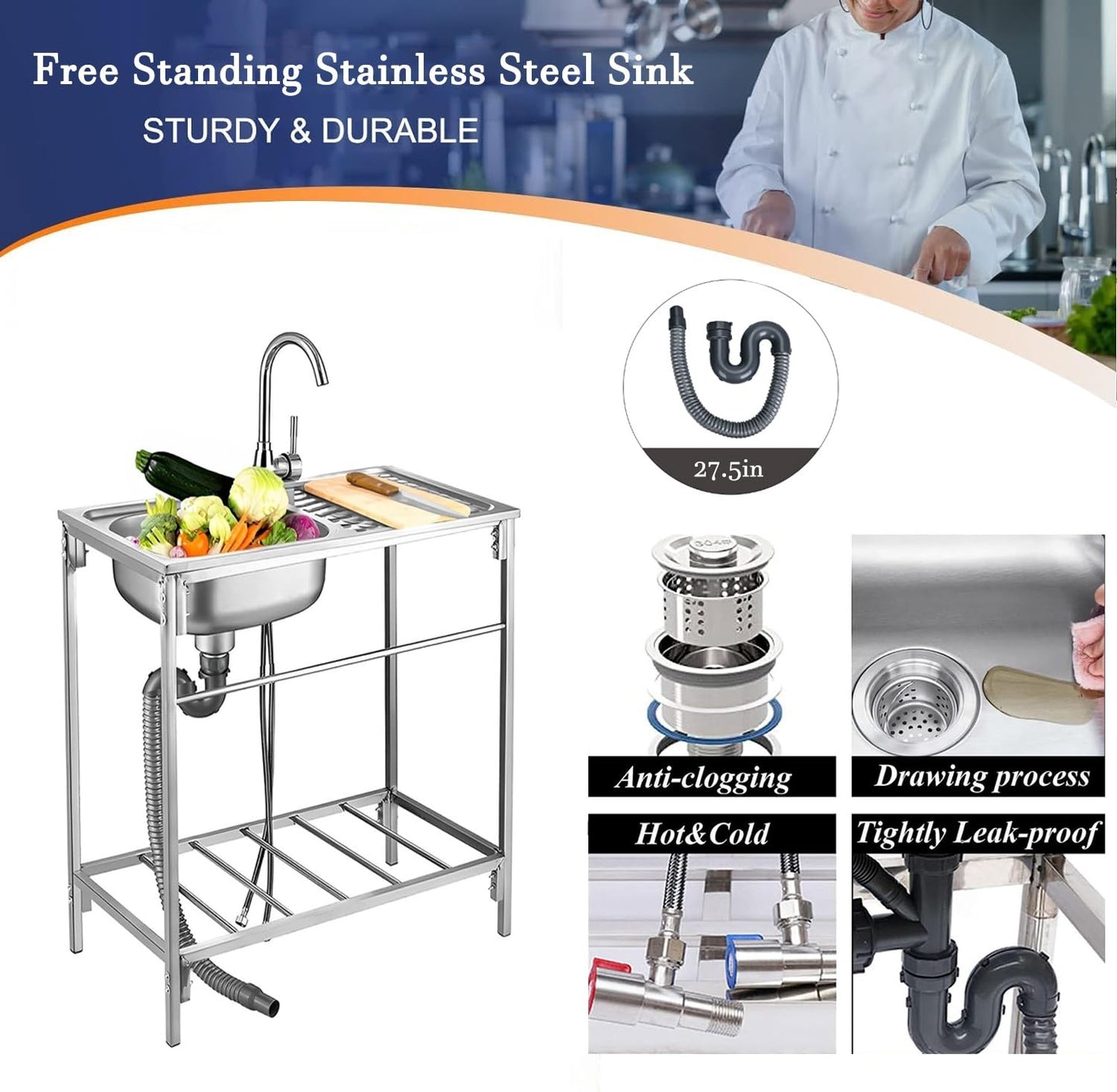 Utility Sinks Free Standing Stainless Steel Outdoor Laundry Tub, Single Bowl Washing Hand Basin Station Sink, with Storage Shelves for Garage, Restaurant, Kitchen, Bar, Garage, Backyard Handwashing (