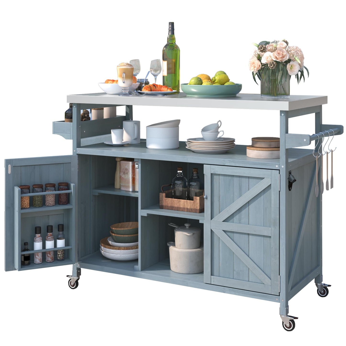 LZ LEISURE ZONE Outdoor Kitchen Island, Farmhouse Rolling Mobile Kitchen Island with Storage, Solid Wood Outdoor Grill Cart Table with Stainless Steel Top for Kitchen/Barbecue, Grey Blue