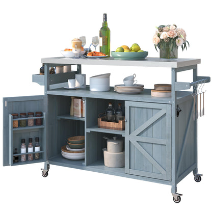 LZ LEISURE ZONE Outdoor Kitchen Island, Farmhouse Rolling Mobile Kitchen Island with Storage, Solid Wood Outdoor Grill Cart Table with Stainless Steel Top for Kitchen/Barbecue, Grey Blue