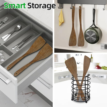 Ecavria 2PCS Wooden Spatula, 12.8IN Wooden Flat Frying Spatulas, Long Handle Wood Turner for Non-Stick Cookware, Natural Wood Cooking Utensils, Healthy, Sturdy & Heat-Resistant