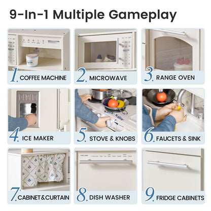 Tiny Land Play Kitchen for Kids, Upgraded Wooden Kitchen Toy with Complete Play Areas, Pretend Cooking Set with Sink, Stove, Microwave, Toy Coffee Station & Storage for Kids Ages 3+