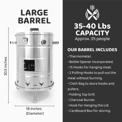 Premium Barrel Smoker With Lateral Gate and Ventilation System-Vertical Smoker, Barril Para asar carne Made of Stainless Steel (Large)
