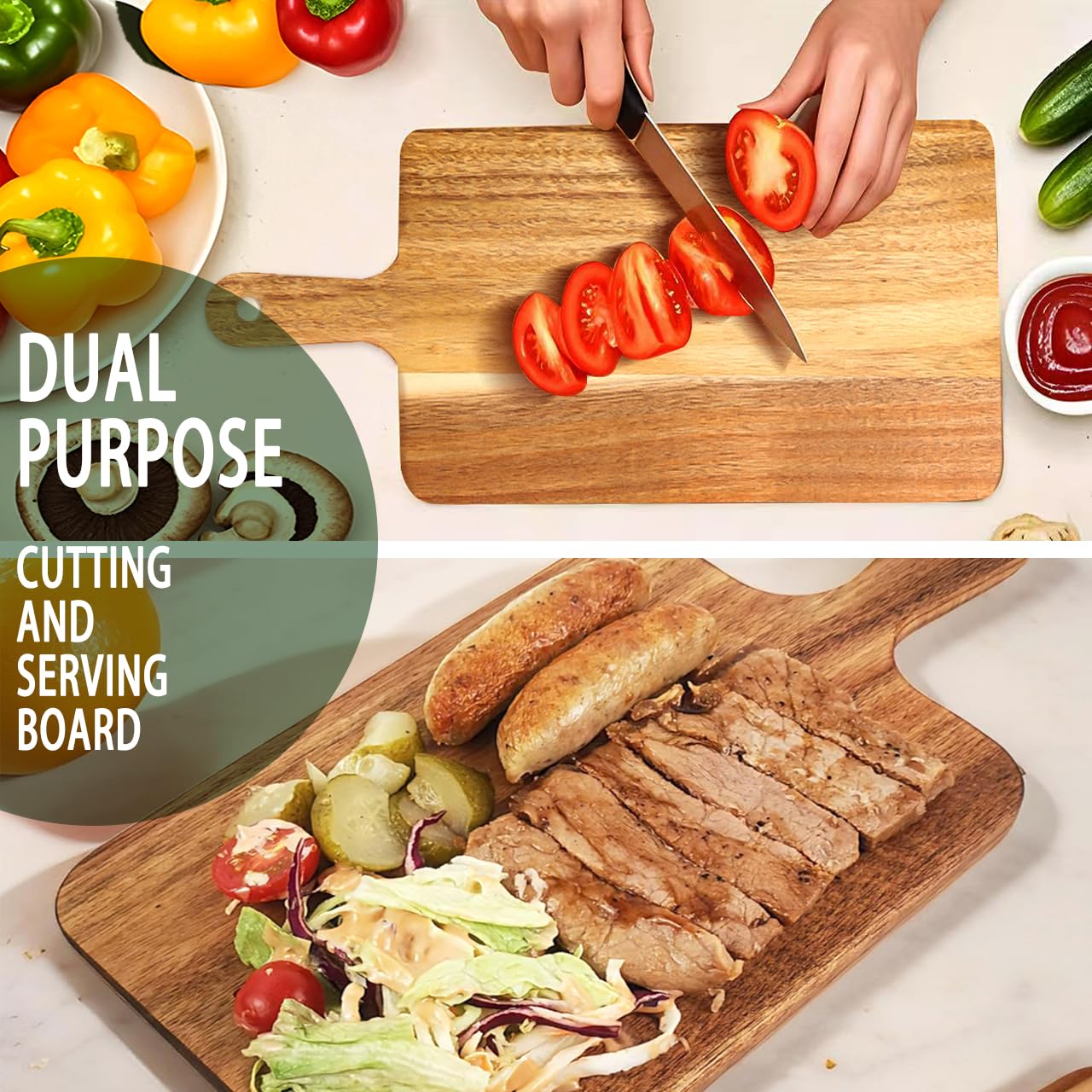 MTOPHLS Acacia Wood Small Cutting Board with Handle, 13.7''X7'' Wooden Chopping Boards Serving Board with Hole for Meat, Cheese, Vegetables, Bread, and Charcuterie