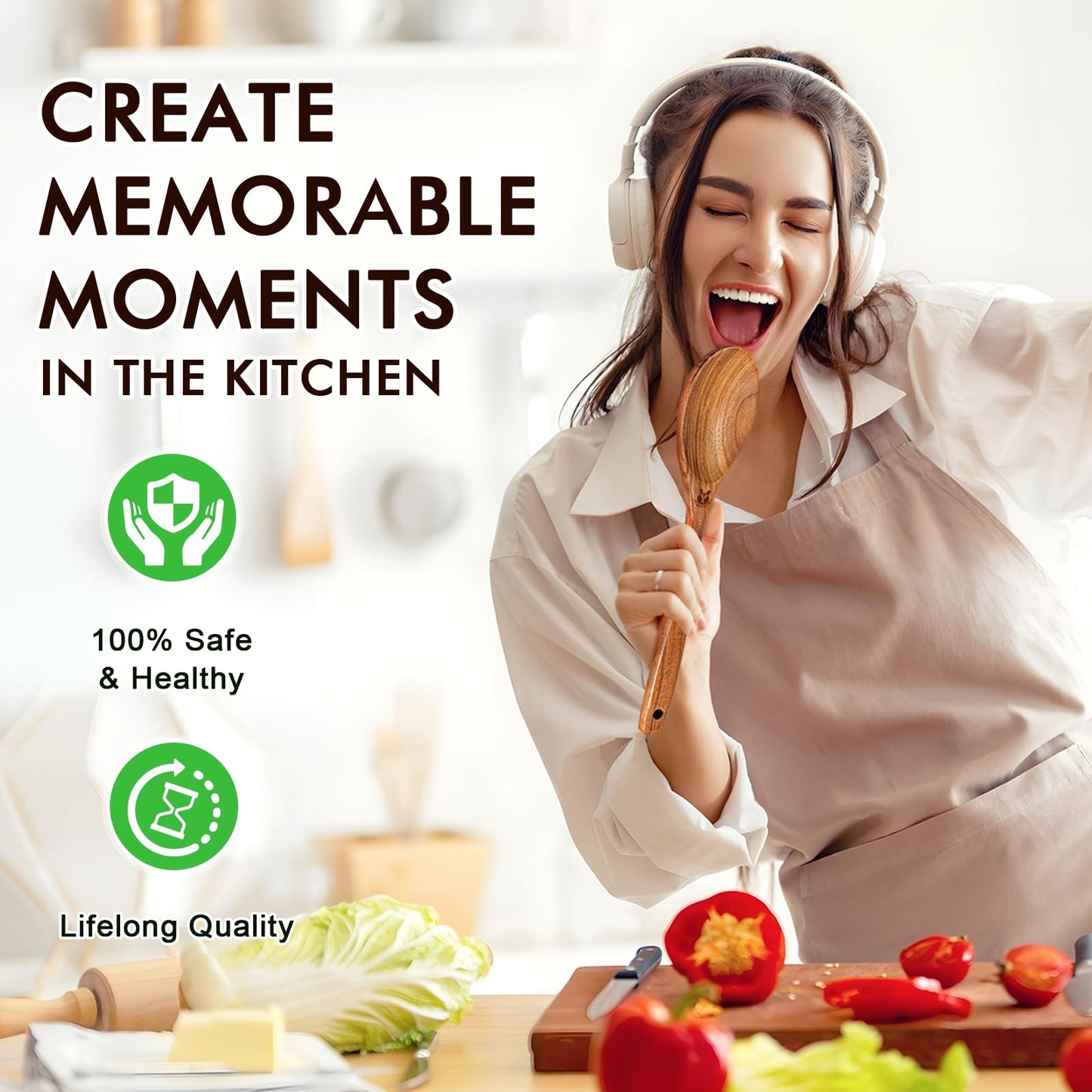 Wooden Spoons for Cooking, 6 Pcs Natural Teak Wooden Kitchen Utensils Set, Cooking Utensils Set with Long & Comfort Grip, Wooden Spoons Spatula Set Perfect for Non-Stick Cookware