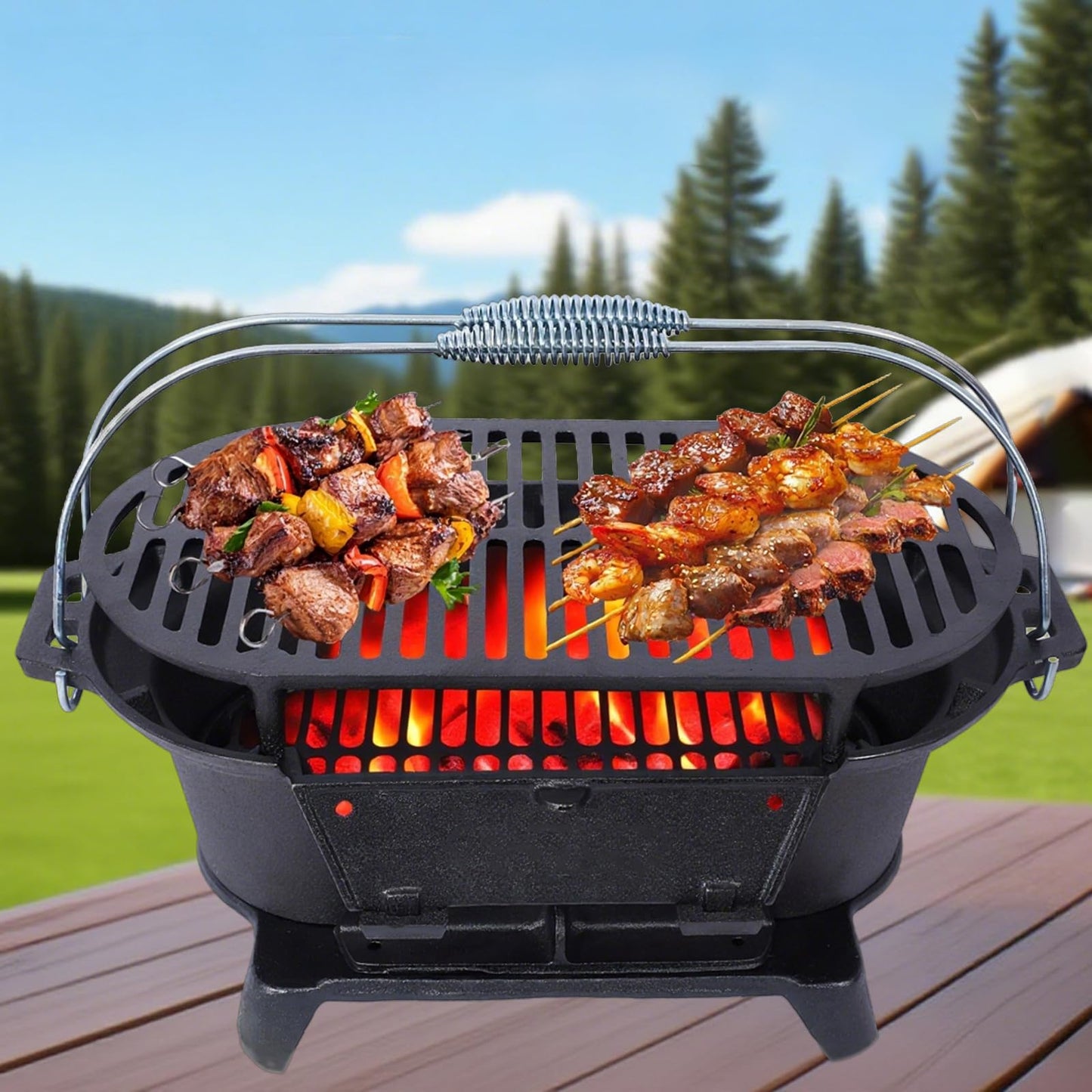 Outdoor Cast Iron Hibachi Grill & Skillet Combo, Premium Portable Hibachi Charcoal Grill, Bbq Cooker for Camping, Tailgating & Patio Grilling, Compact Tabletop Skillet, Must Haves 2025 (Oval)