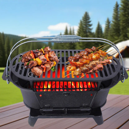 Outdoor Cast Iron Hibachi Grill & Skillet Combo, Premium Portable Hibachi Charcoal Grill, Bbq Cooker for Camping, Tailgating & Patio Grilling, Compact Tabletop Skillet, Must Haves 2025 (Oval)