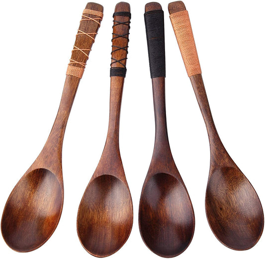 4pc-Handmade Japanese Style Wooden Soup Spoons with Tied Line on Handle