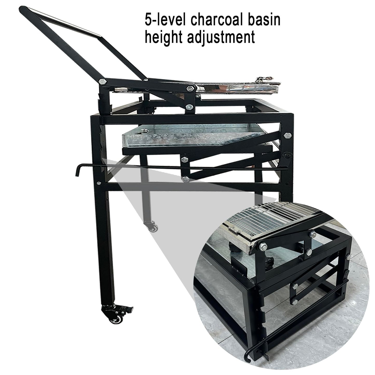 BBQ Charcoal Grill with Cart, Heavy Duty Square Outdoor Detachable Portable Grill, 360° Rotating Cooking Grid Stand-up Grills with Wheels for Camping Garden Commercial Barbeque