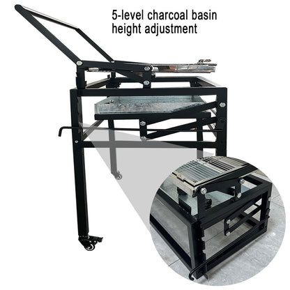 BBQ Charcoal Grill with Cart, Heavy Duty Square Outdoor Detachable Portable Grill, 360° Rotating Cooking Grid Stand-up Grills with Wheels for Camping Garden Commercial Barbeque