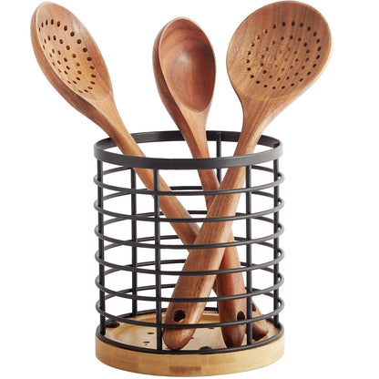 WDT Tool Utensil holder for Kitchen Counter - 5.2" x 5.2" x 6" Large Round with Wooden Base Matte Black Cooking Utensil Holder Utensil Organizer (Metal+Bamboo)