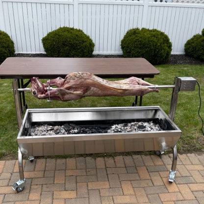 Ash & Ember 13W Stainless Steel Rotisserie Grill, Rated 85 LB for Medium Game, 4 RPM Rotation Speed, Outdoor Grill with Dual Prong Spit Rod, Single Leg Bracket, and Spine Fork