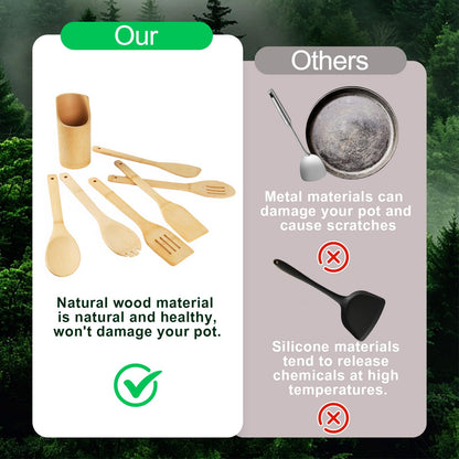 DEBETOOL Bamboo Cooking Utensil Set - Natural Bamboo Wooden Spoons for Cooking, 7piece Kitchen Non-Stick Wooden Spatula Spoons with Utensil Holder for Daily Use