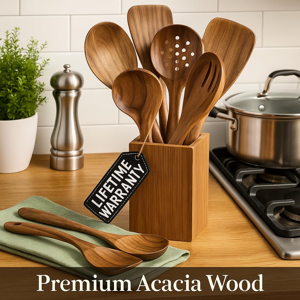 STORE INDYA 30 Oz Pure Copper Water Bottle for Drinking (Wooden Utensils - Set of 8)