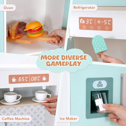 Wooden Play Kitchen for Kids Toddlers, Kitchen Playset with Stove, Oven, Sink, Fridge and Accessories Toy Kitchen Set with Plenty of Play Features, Kids Play Kitchen Designed, Gift for Ages 3+