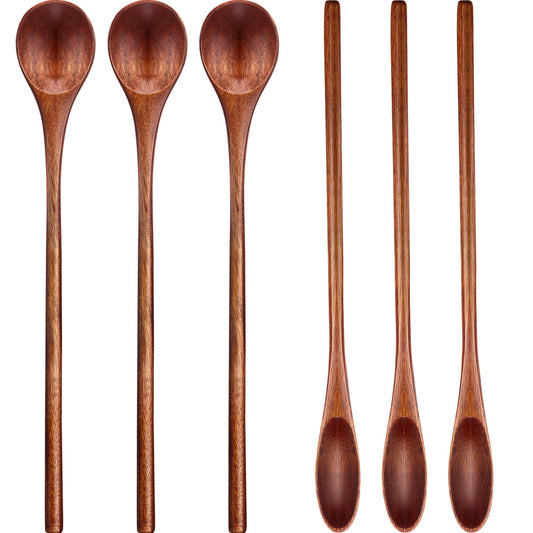 Patelai Wooden Coffee Spoons Long Handle Mixing Wooden Spoon Handmade Stirring Teaspoon for Kitchen Stirring (kusunoki, 6 Pieces)