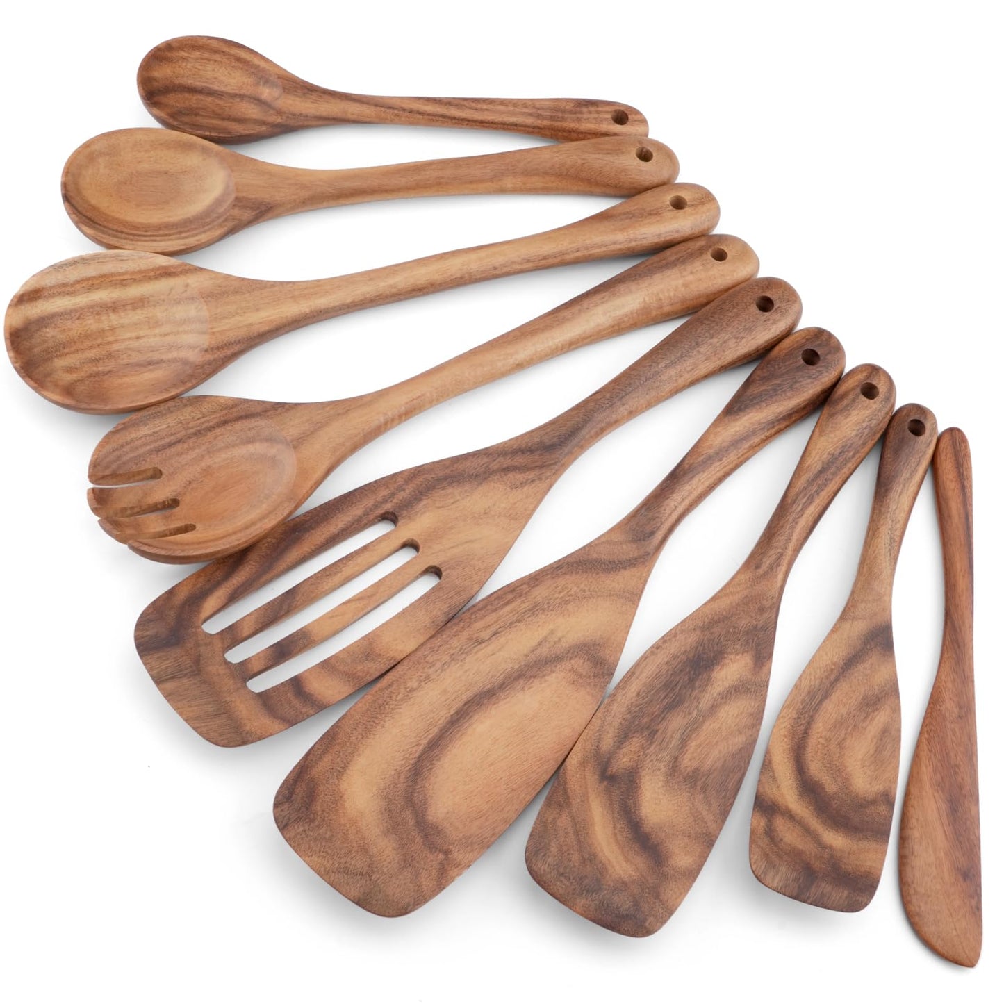 WOSPONFAN Wooden Cooking Utensils Set, 9 PCS Teak Wood Spoons, Spatula, Slotted Spoon, Handmade Modern Kitchen Utensils