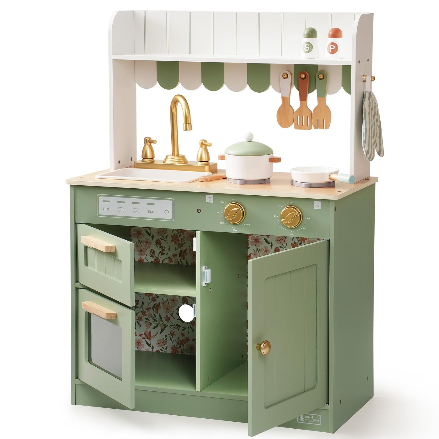 ROBUD Wooden Play Kitchen Set for Kids, Pretend Play Kitchen Toy Set with Golden Faucet, Sink, Oven, Stove, Cabinet, Vintage Style, Gift for Boys & Girls Ages 3+ (Green)