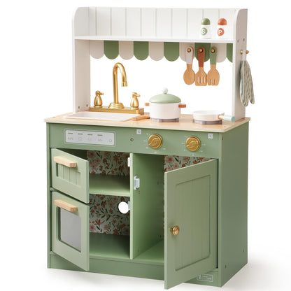 ROBUD Wooden Play Kitchen Set for Kids, Pretend Play Kitchen Toy Set with Golden Faucet, Sink, Oven, Stove, Cabinet, Vintage Style, Gift for Boys & Girls Ages 3+ (Green)