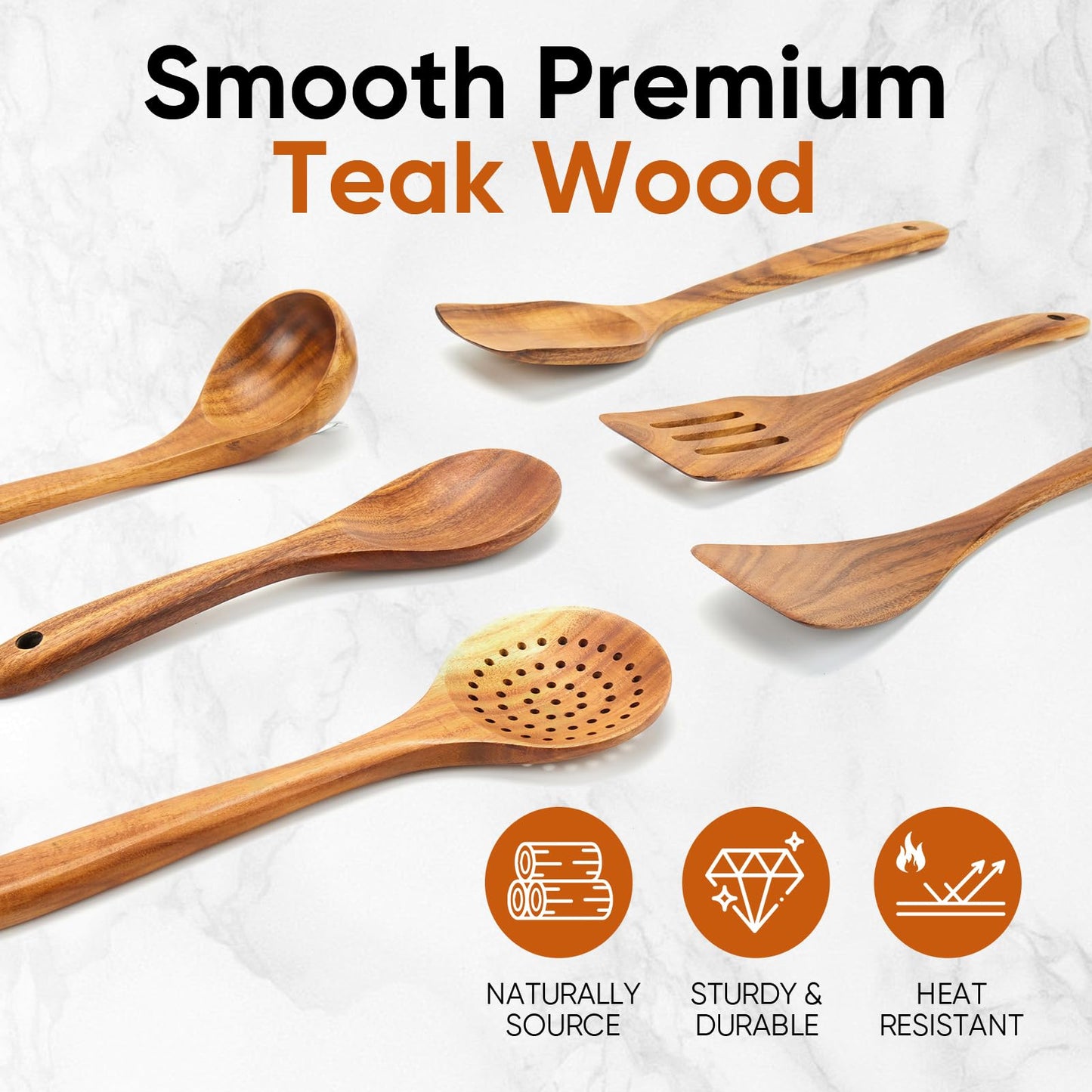 EZuncle 6 Piece Wooden Cooking Spoon Set - Ideal For Non-Stick Pans, Heat Resistant Solid Wood, Smooth Teak Cutlery For a Comfortable grip - Lightweight and Durable - Easy to Clean(6 PCS Large)
