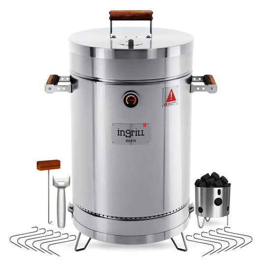 INGRILL Charcoal Grills - Basic 25 lbs - Stainless Steel Smoker Grill 3-in-1 for Cooking & Home BBQ - Portable Vertical Smoker Barrel for Outdoor & Camping - Meat Grill with Thermometer & Accessories