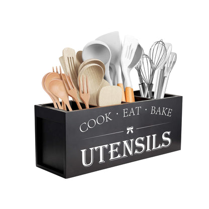 Suli Extra Large Kitchen Utensils Holder with 4 Compartments, Wooden Utensil Organizer for Kitchen Countertop, Farmhouse Kitchen Decor, Rustic Cooking Utensil - Black