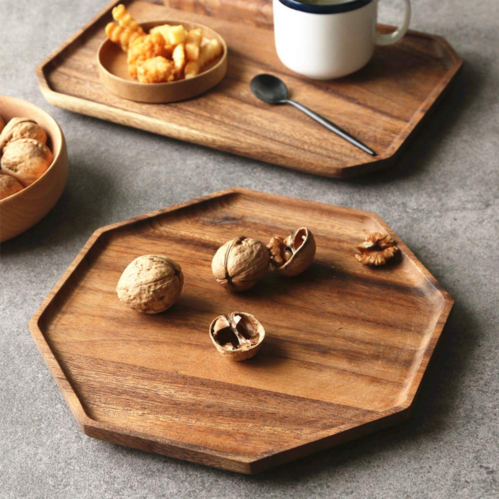 Set of 2 Acacia Wooden Trays Serving Platters Octagon Square Serving Tray Bread Charcuterie Board for Fruit Salad Cheese Platter Vegetable Food Dish Charger Plates Charcuterie Boards