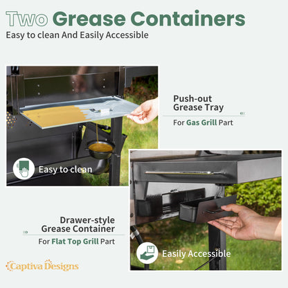 Captiva Designs Propane Gas Griddle Grill Combo with Porcelain-Enameled Cast Iron Grate & Cast Iron Pan, Dual BBQ Grill With Flat Top Griddle for Outdoor Kitchen & Backyard Barbecue,696 SQIN Cook Area