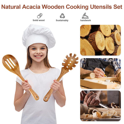 ROSOS Wooden Cooking Utensils, 6 Pieces Natural Acacia Wooden Spoons For Cooking with Non Stick & Heat Resistant Design, Wooden Kitchen Utensil Set with Hanging Hole for Stirring, Mixing, Cooking