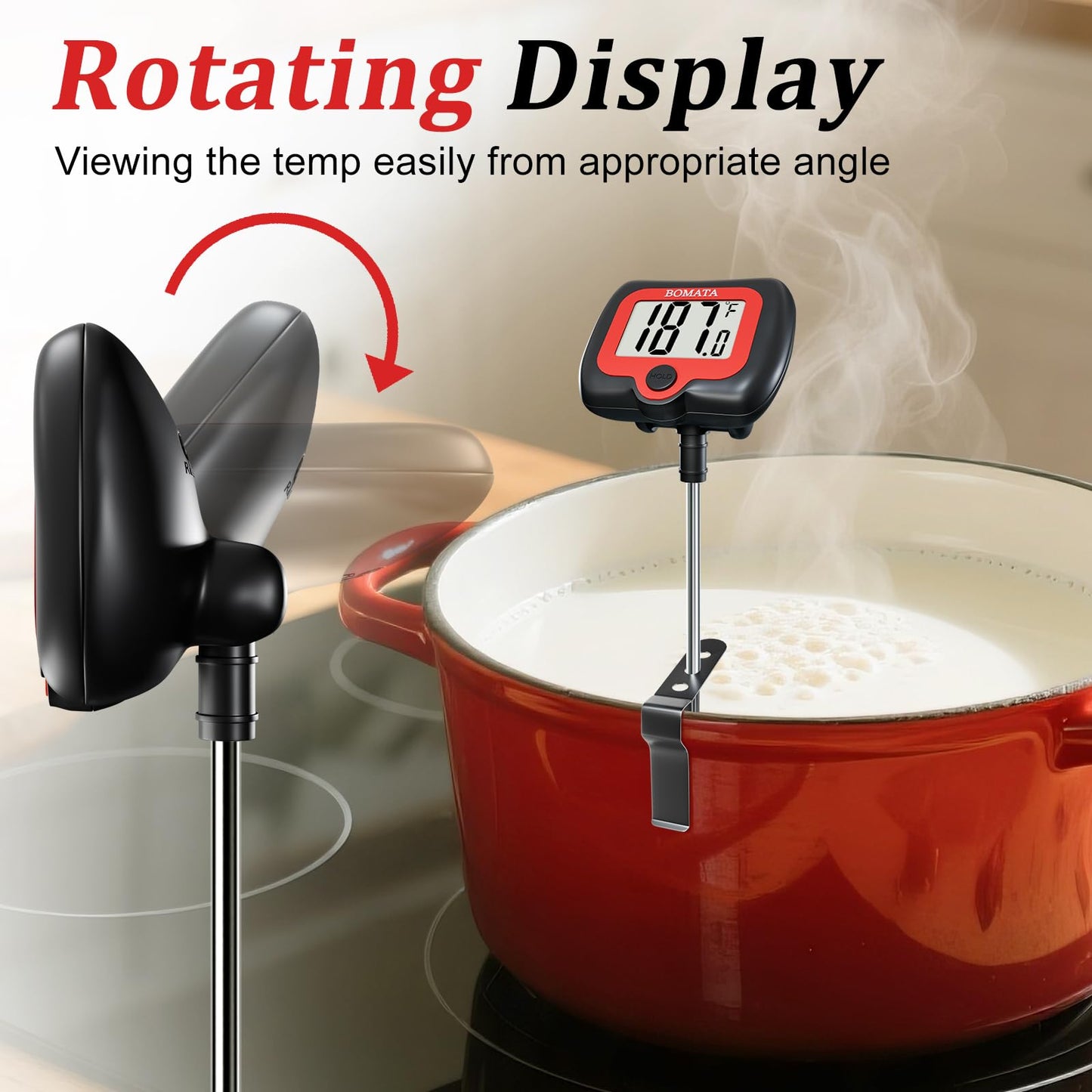 BOMATA Candy Thermometer with Pot Clip, Instant Read Cooking Thermometer with 8" Long Probe, Rotating Display, for Candy Making, Food, Candle Making, Liquids, Water, Baking, Sugar, Grilling. Black