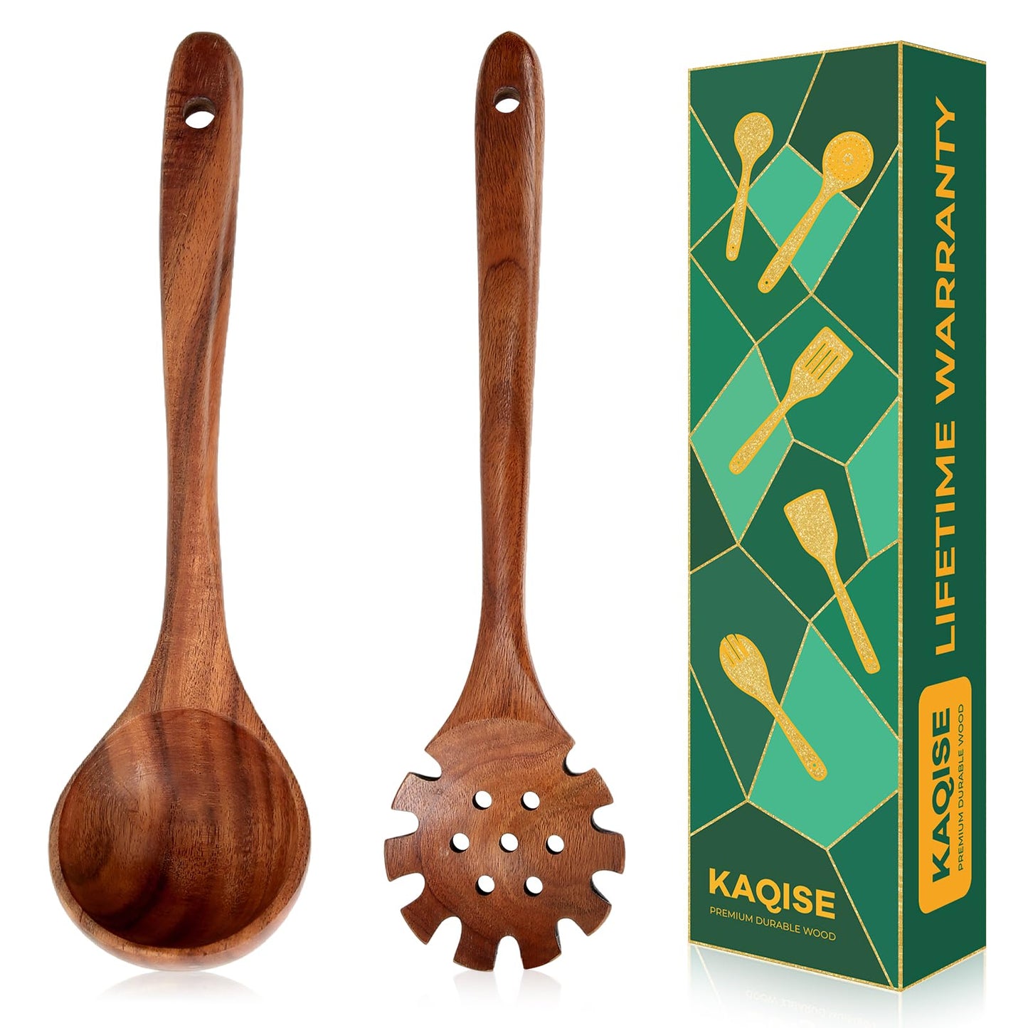 KAQISE 10PCS Premium Wooden Spoons for Cooking, Kitchen Essential Wooden Utensils Set, Teak Wood Culinary Utensils Set for Families