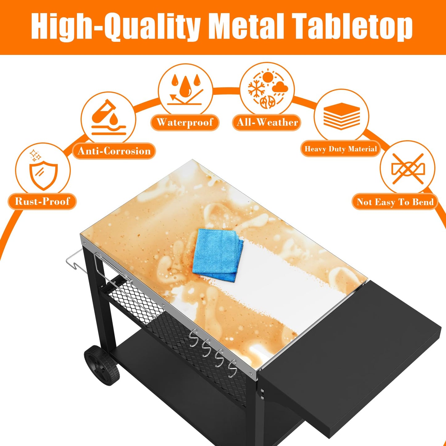 GRILL FORCE Grill Cart, Outdoor Grill Table, Pizza Oven Stand, Three-Shelf BBQ Table, Movable Dining Cart with Drawer, Fits for Ninja Woodfire Grill, Blackstone Griddle,Tabletop Grill