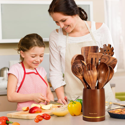 Spardar Wooden Kitchen Utensils, 12 Piece Set Wooden Spoon Set with 9 Teak Wood Cooking Spoons, Spoon Rest, Pot Holde, 3.3 Inch Utensil Holder, as Kitchen Decoration and Housewarming Gift