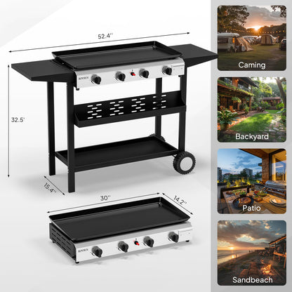 Bonnlo 4 Burner Portable Propane Griddle, 40,000BTU Gas Griddle Grill with Nonstick Enameled Tray, Rolling Flat Top Gas Grill w/Electronic Ignition, Side Shelve & Regulator, Ideal for Outdoor Cooking