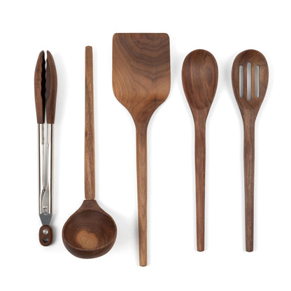 Salt & York 5-piece Walnut Wooden Kitchen Utensil Set - Includes Turner, Tongs, Slotted Spoon, Ladle, and 12" Spoon - Best Wooden Spoons for Cooking - Ideal for Nonstick Cookware