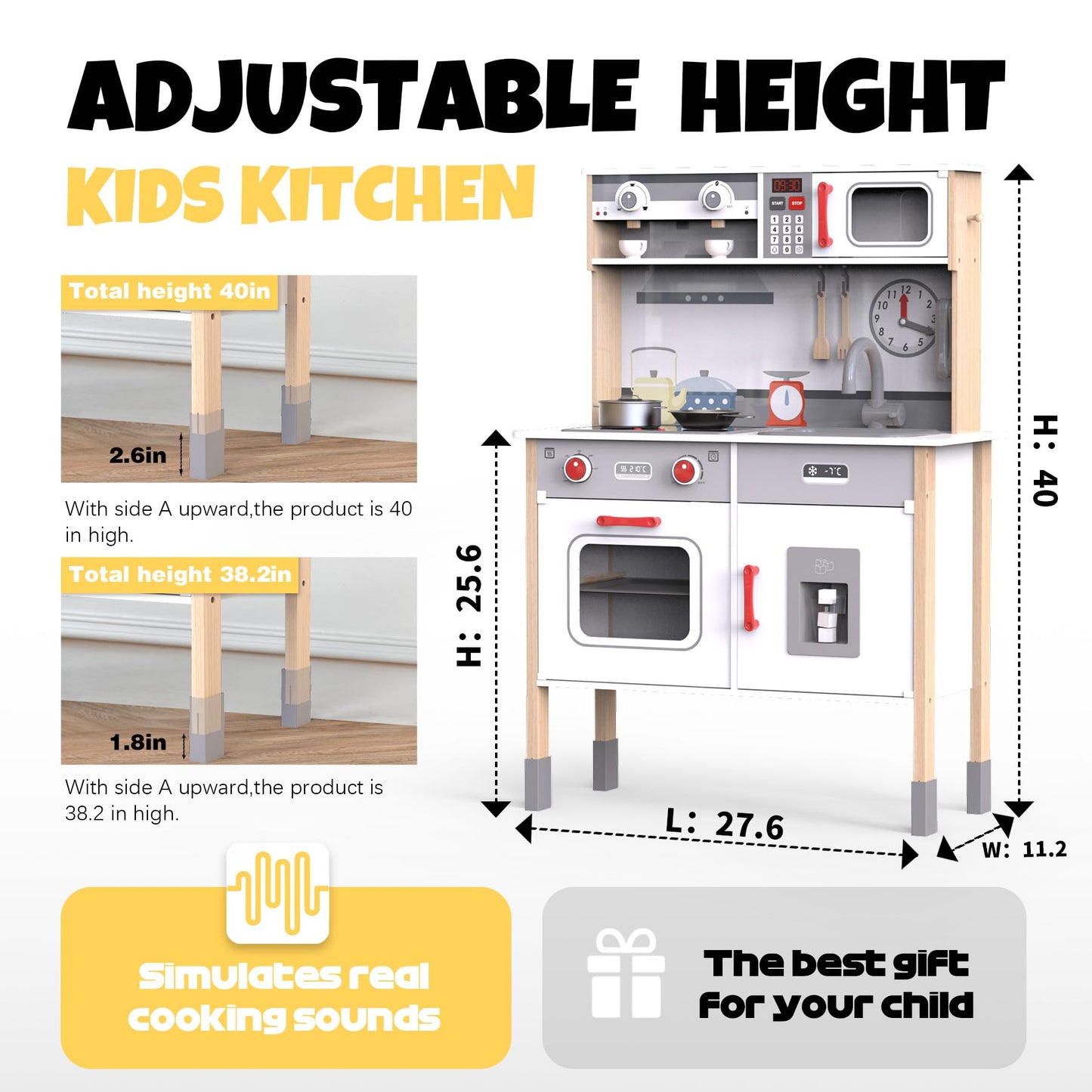 JOYOOSS Play Kitchen for Kids,Wooden Kids Kitchen Playset Toy Toddler Play Kitchen Set for Toddlers 3+ with Real Lights & Soundswith Cookware Accessories