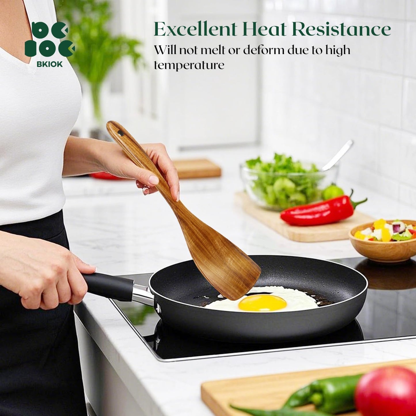 Bkiok Wooden Spatula for Cooking, Handmade Wooden Kitchen Utensil, Teak Wood Turner Flat Frying Spatula for Nonstick Cookware