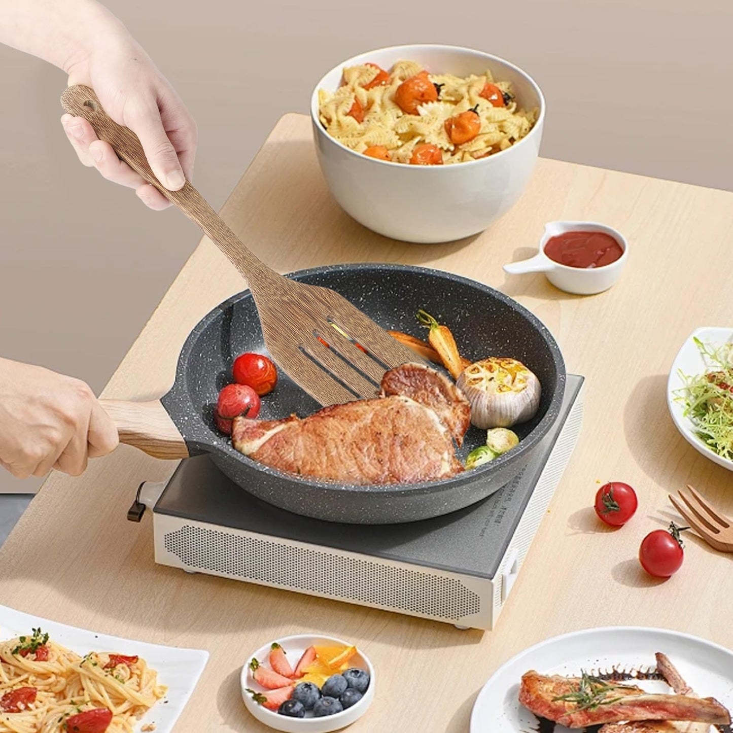 3 Pack Wooden Spatula for Cooking 12 Inches Paddle, Turner, Slotted Spatula, Cooking Utensils for Nonstick Cookware, Kitchen for Fish, Eggs, Pancakes