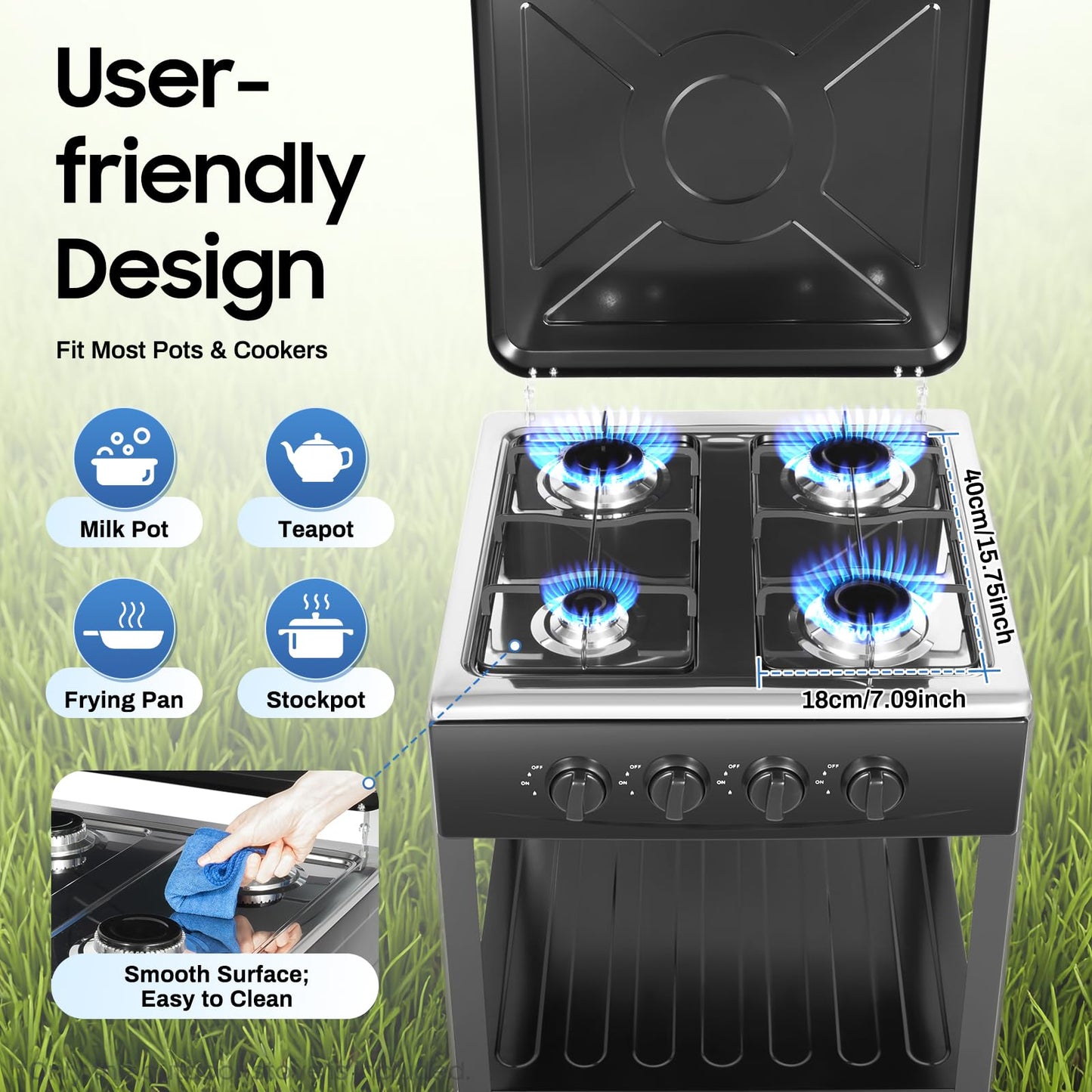 4-Burner Propane Gas Stove, 34120 BTU Output for Patio Garden Barbecue Grilling, Free Standing 2-Tier Storage Rack for Apartments, Outdoor, Rvs, Black