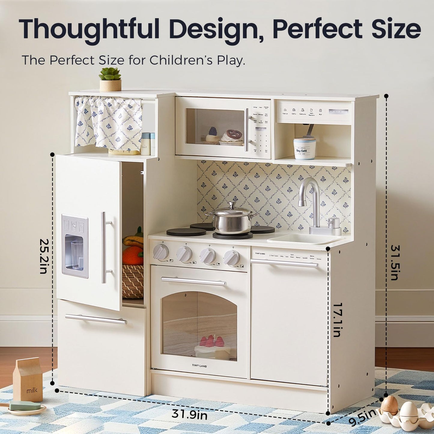 Tiny Land Play Kitchen for Kids, Upgraded Wooden Kitchen Toy with Complete Play Areas, Pretend Cooking Set with Sink, Stove, Microwave, Toy Coffee Station & Storage for Kids Ages 3+