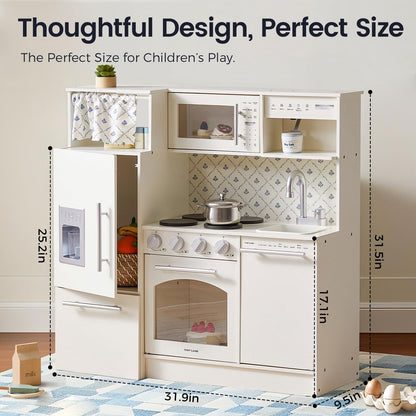 Tiny Land Play Kitchen for Kids, Upgraded Wooden Kitchen Toy with Complete Play Areas, Pretend Cooking Set with Sink, Stove, Microwave, Toy Coffee Station & Storage for Kids Ages 3+