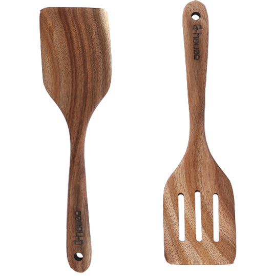 Wood Spatulas Wooden Spatula for Cooking 2pcs Acacia Wood Cooking Spoon Slotted Turner Wooden Kitchen Utensils Non-stick Kitchen Utensils with Frying Spatula Turner Flipper Spatulas Set