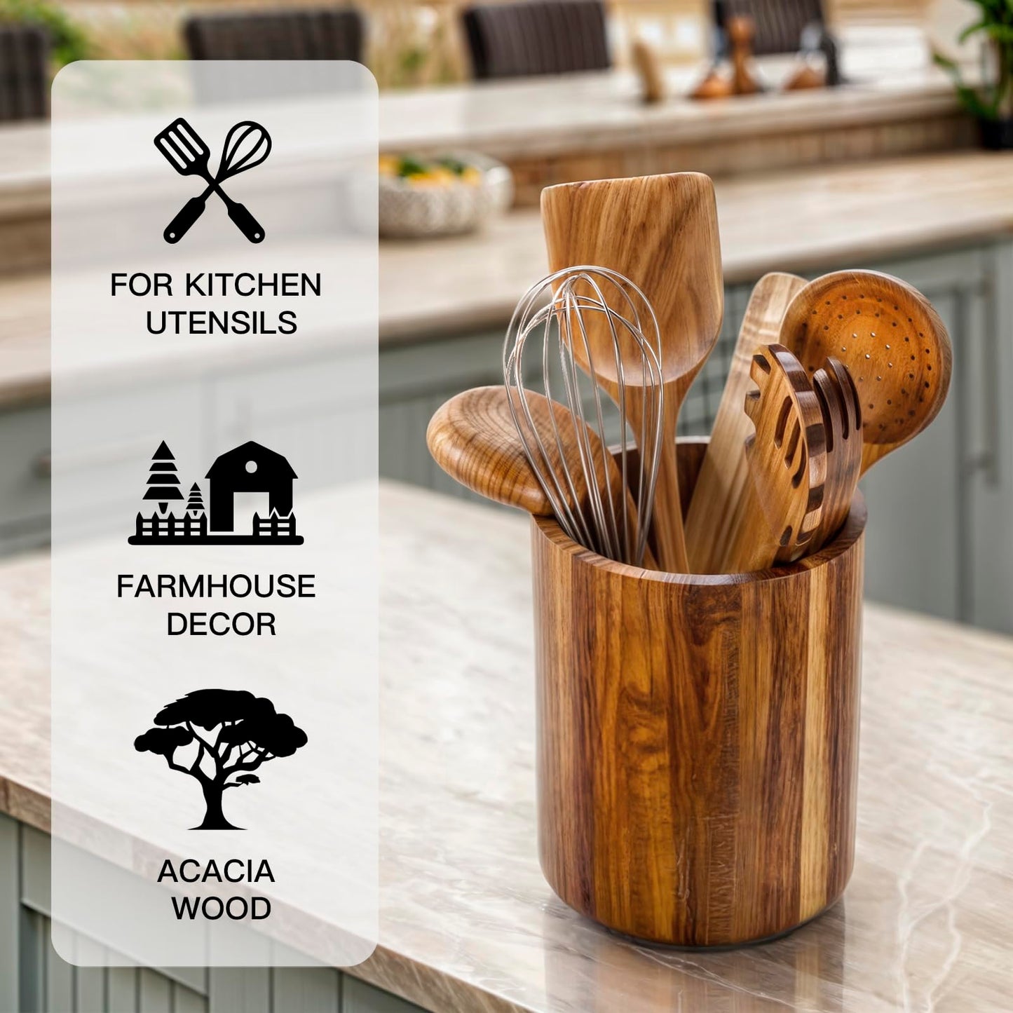 LIOZLIOLY Large Acacia Wood Utensil Holder for Kitchen Counter, 360° Rotating Kitchen Utensil Holder, Set of 2 (7.9" & 5.9"), Rustic Farmhouse Decor Accessories