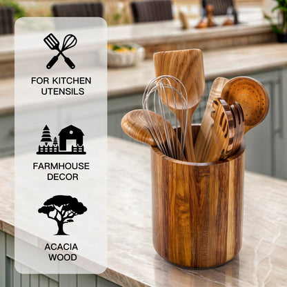 LIOZLIOLY Large Acacia Wood Utensil Holder for Kitchen Counter, 360° Rotating Kitchen Utensil Holder, Set of 2 (7.9" & 5.9"), Rustic Farmhouse Decor Accessories