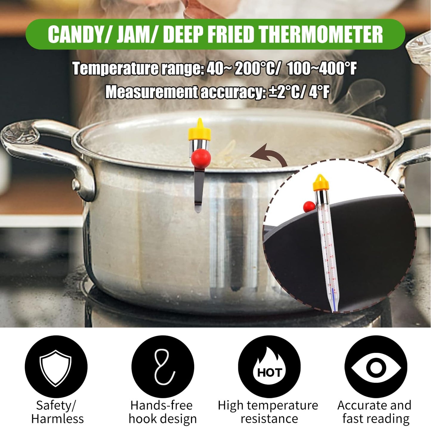 Candy Thermometer for Candy Making, 2025 New Deep Fry Oil Thermometer Candy Sugar Syrup Jam Jelly Instant Read Glass Food Kitchen Cooking Thermometer with Pot Clip and Hanging Hook for Food
