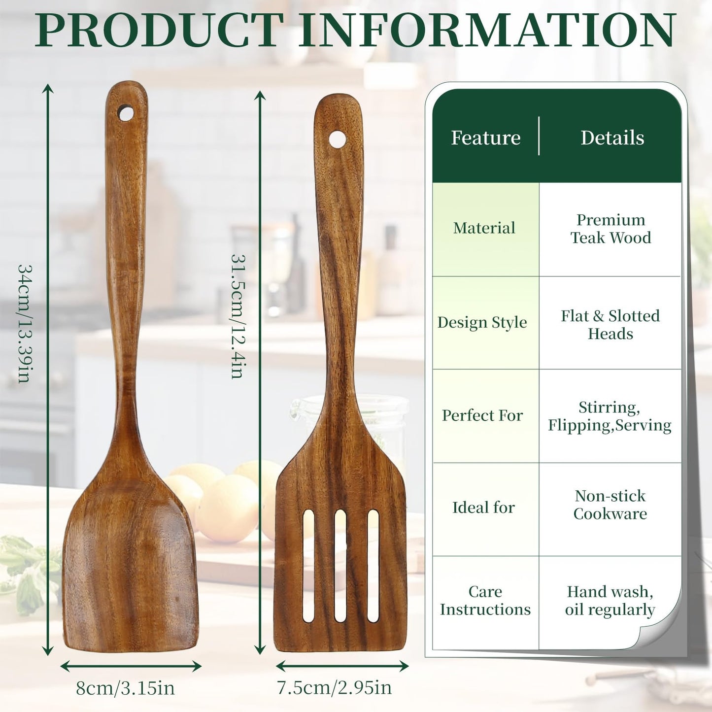 Bkiok Wooden Spatula for Cooking, Long Handle Teak Wood Spatula Set, Flat Turner and Slotted Spatula for Non-Stick Pans, Sautéing, and Flipping(2Pcs)