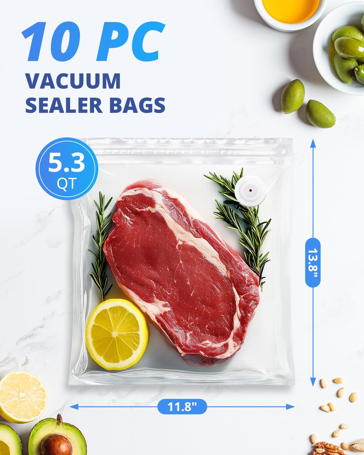 AIRMSEN Reusable Vacuum Sealer Bags 10 PCS - Fits AIRMSEN, Chef, FoodSaver and Most Handheld Sealers - BPA Free Food Saver Bags for Meal Prep, Sous Vide, Marinator - 5L (13.8"x 11.8")