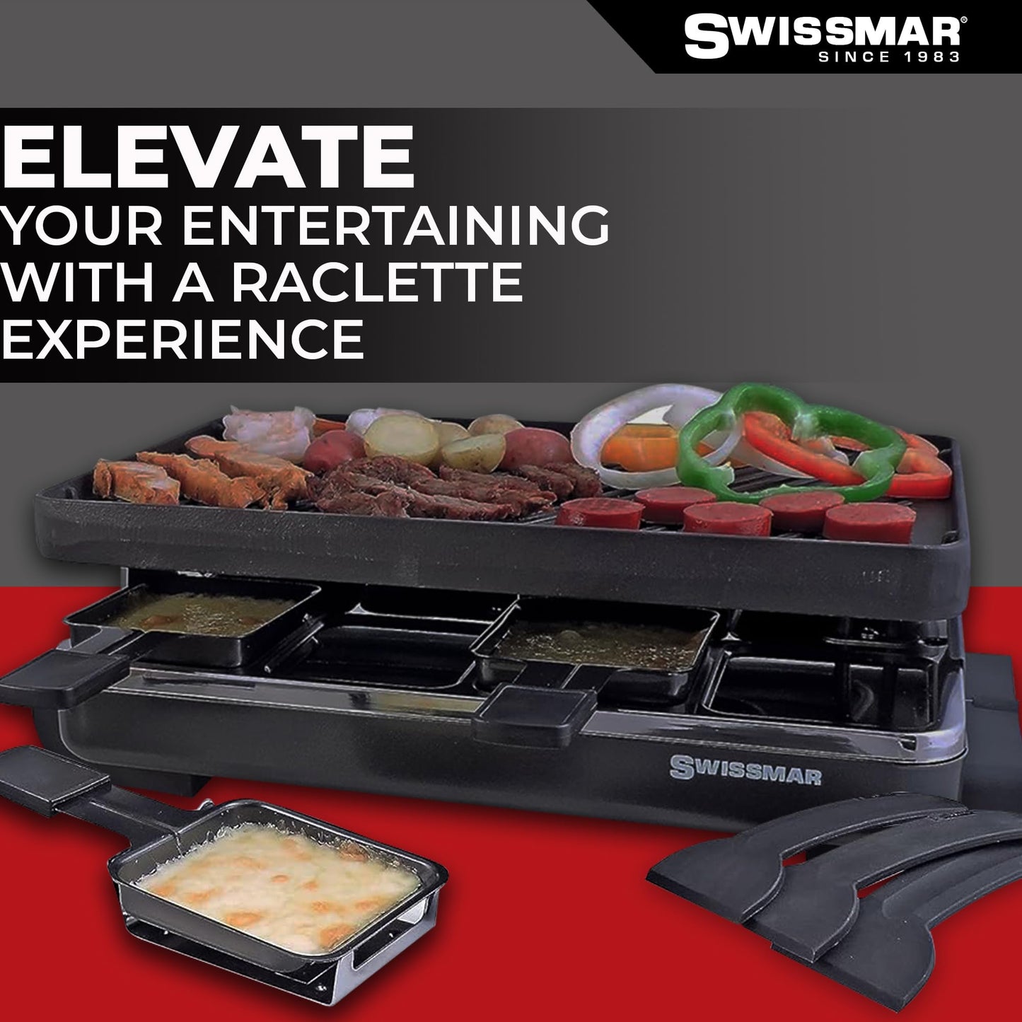 Swissmar Classic 8-Person Raclette Party Grill - Indoor Electric Grill & Griller with Reversible Cast Iron Grill Plate/Crepe Top - Anthracite Black